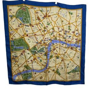 Vintage Tasaram 100% Silk Scarf Blue Map of London Landmarks Multi 33x36